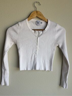 Princess Polly White Ribbed Henley Long Sleeve Crop Top